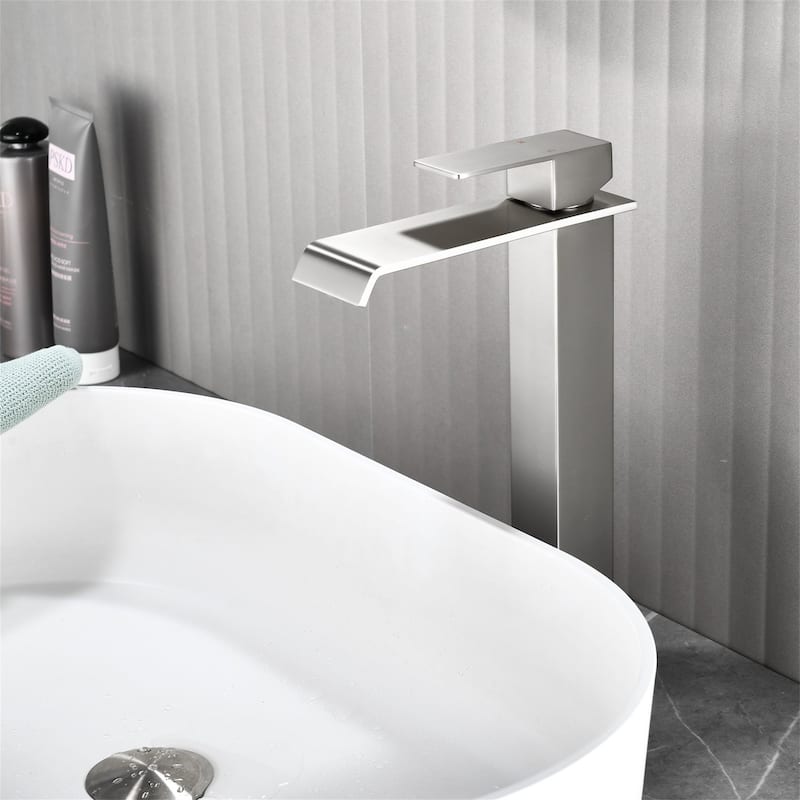 Waterfall Single Handle Bathroom Vessel Sink Faucet with Pop-up Drain 304 Stainless Steel 1 Hole High Tall Basin Vanity Faucets
