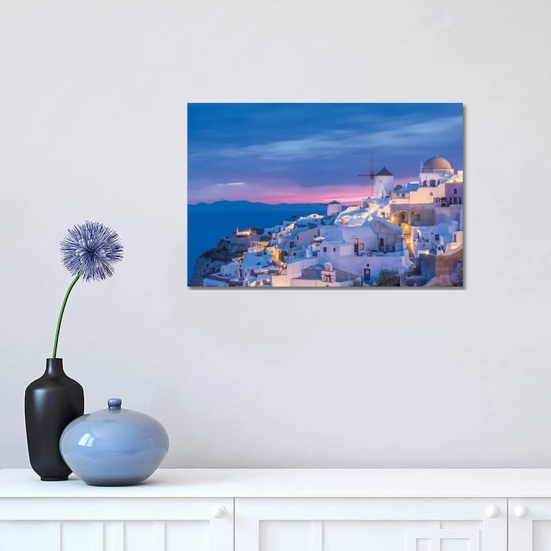iCanvas "Greece, Oia. Greek Orthodox church and village at sunset." by Jaynes Gallery Canvas Print - 12x18x1.5