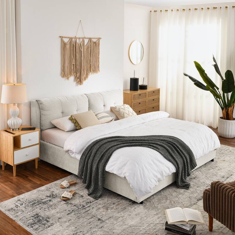 King Size Storage Upholstered Hydraulic Platform Bed with Integrated Headboard