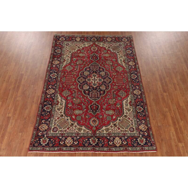 Tabriz Persian Vintage Area Rug Hand-Knotted Geometric Wool Carpet - 6'7"x 9'7"