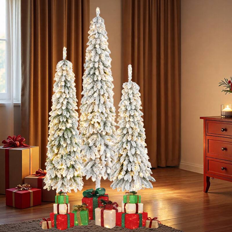Glitzhome 4.5ft&6ft&7.5ft Pre-Lit Flocked Artificial Christmas Tree in Pot with Warm White LED Lights Porch Decor,Pack of 3