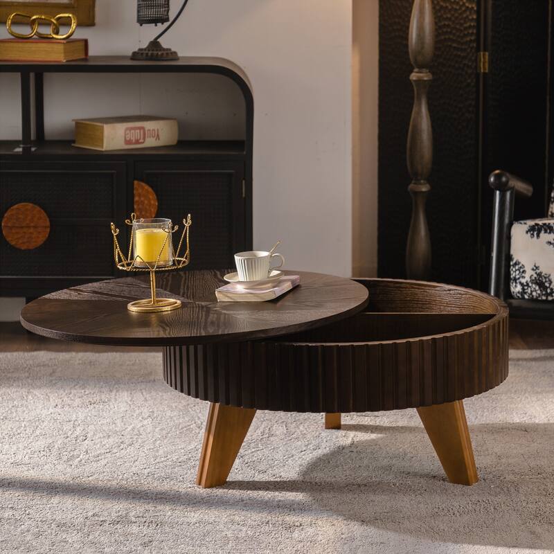 31.5" Retro Round Coffee Table with Storage Space, Suitable for Living Room and Office - Brown