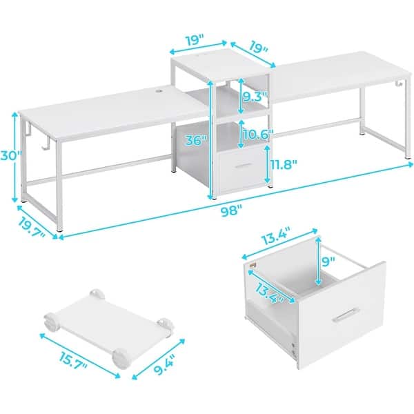 dimension image slide 3 of 11, Two Person Double Computer Desk LED Gaming Desk 2 Storage Shelves