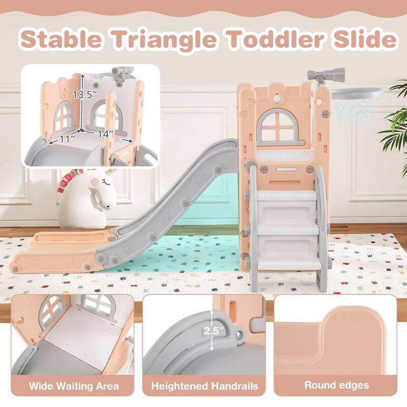 6 in 1 Toddler Slide and Playset for Kids with Basketball Hoop Climber Telescope and Storage - 27" x 57" x 33.5" (L x W x H)