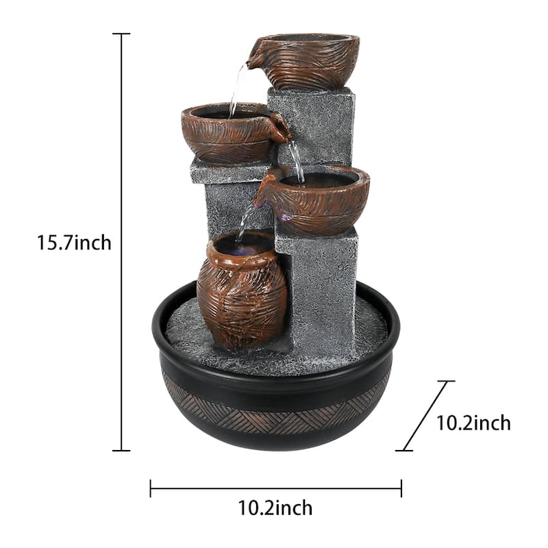 15.7" H Indoor 4-Tier Relaxation Tabletop Fountain Waterfall Function，with LED Lights and Water Pump for Home - 15.7"H