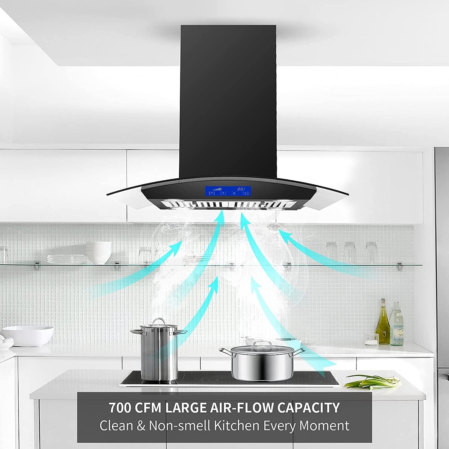 Tieasy Island Range Hood 36 inch 700 CFM Ceiling Mount Kitchen Stove Hood  Ducted with Tempered Glass 4 LED Lights Touch Control 3 Speed Fan Permanent