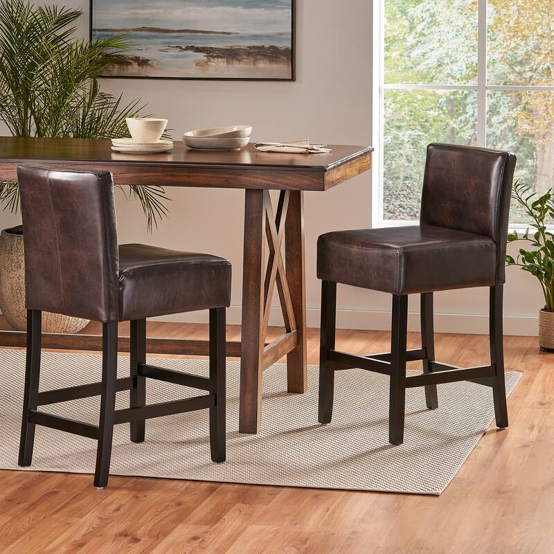 Roomfitters 26-Inch Leather Counter Stools, Set of 2 Bar Height Kitchen Chairs with Wood Base, Brown