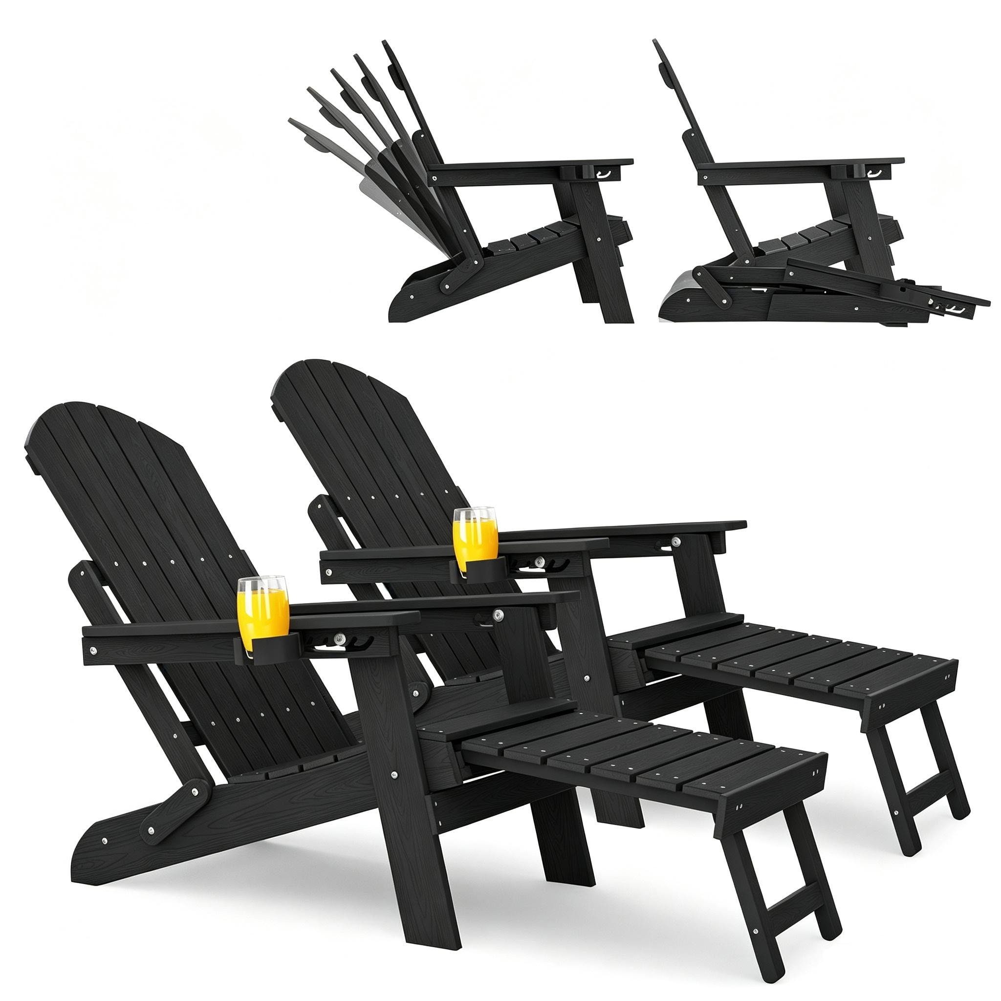 WINSOON HIPS Folding Adirondack Chair with 5-Gear Adjustable Backrest and Retractable Ottoman Set of 2