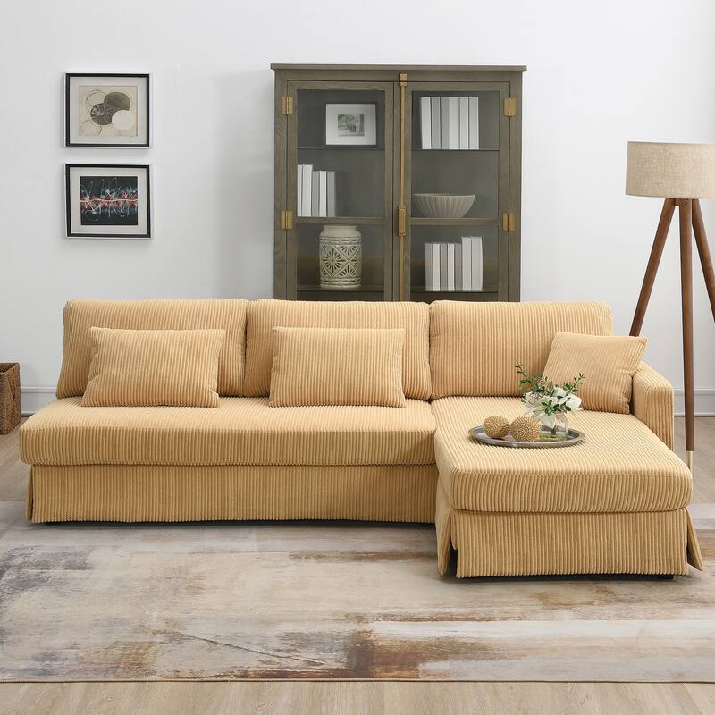 87X61"Modern L-shaped Corduroy Sofa with Reversible Chaise, 4-seat Upholstered Sectional Indoor Furniture for Living Room