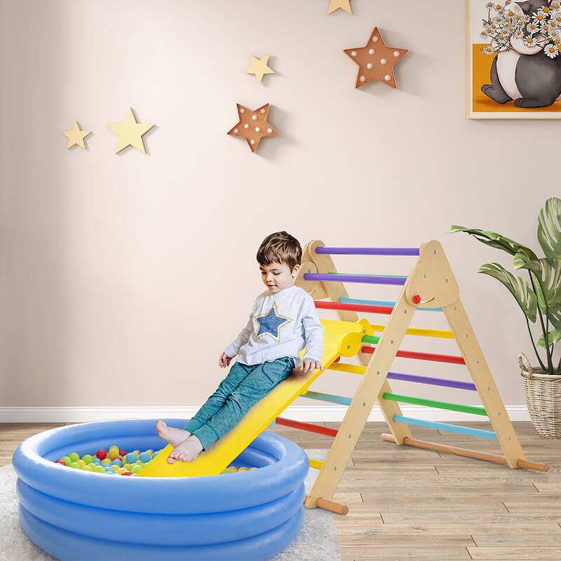 Gymax 3-In-1 Wooden Folding Climber Set w/Reversible Ramp Height