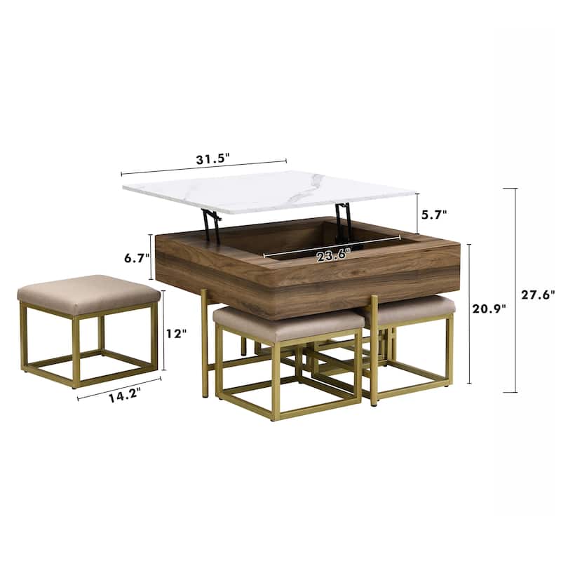 Mid-Century Lift Top Coffee Table Set, Large Square Storage Coffee Table with 4 Ottomans, Family Gathering Wooden Center Table