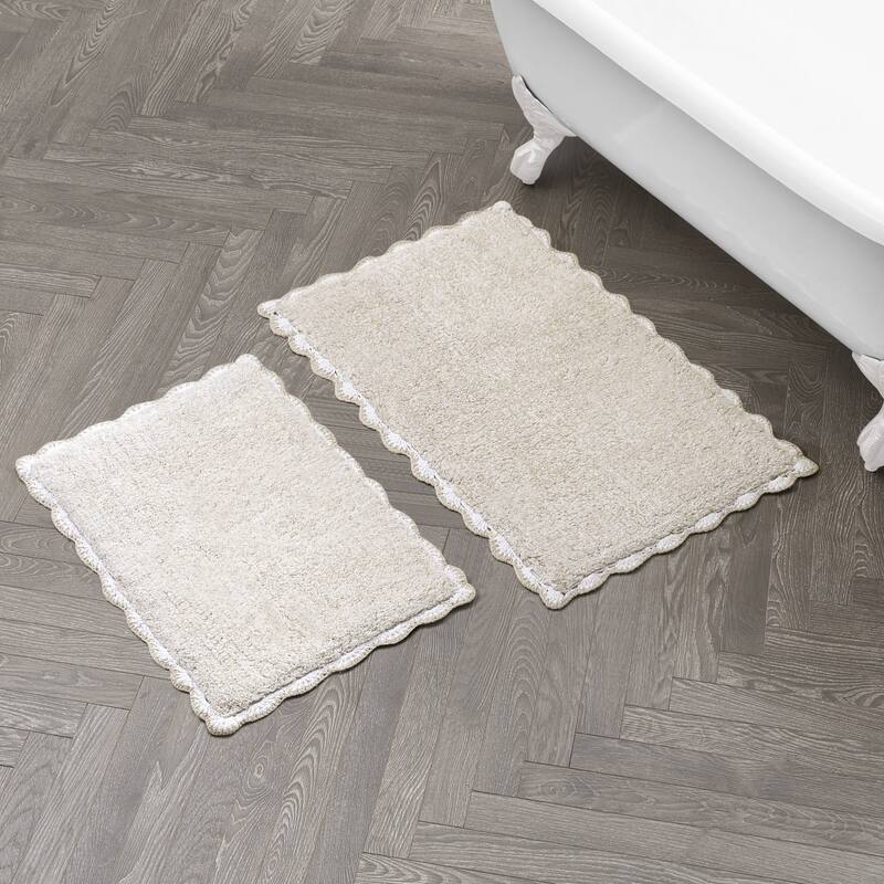 Laura Ashley Heathered Crochet Border Bath Rug - 17" x 24" / 20" x 32" - Sandshell