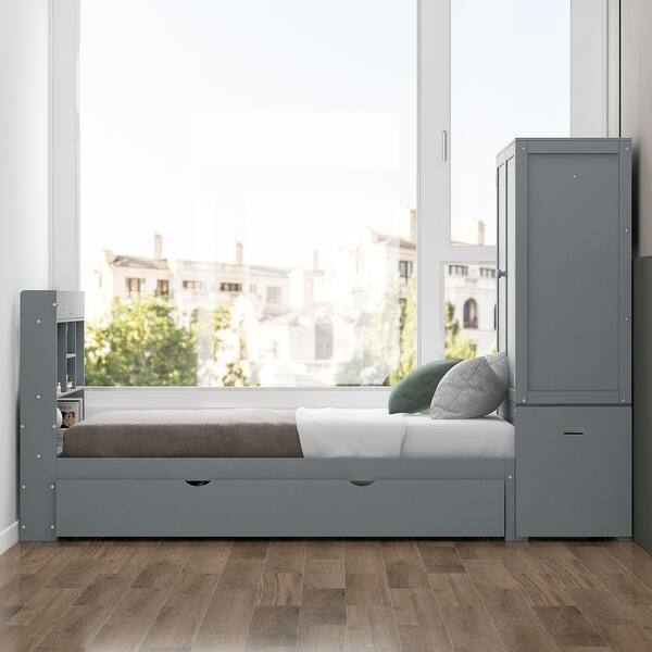 slide 2 of 30, Twin Platform Bed with Storage, Pull Out Shelves, Trundle, Grey Grey
