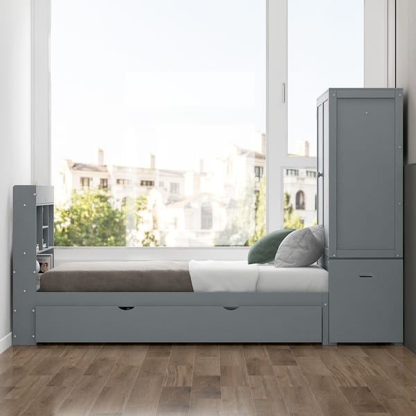 slide 2 of 24, Twin Platform Bed with Storage Headboard & Footboard, Pull Out Shelves and Twin Trundle, Grey Grey