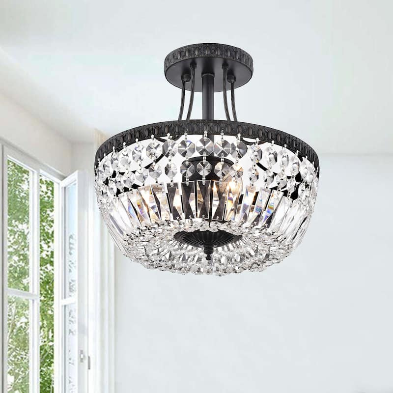Jessica Crystal Basket 3-light Antique Black Flush Mount Chandelier