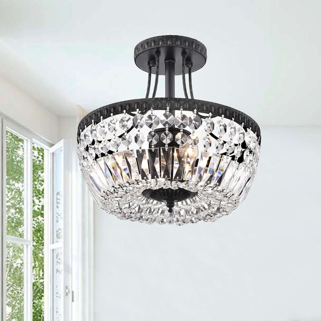 Jessica Crystal Basket 3-light Antique Black Flush Mount Chandelier