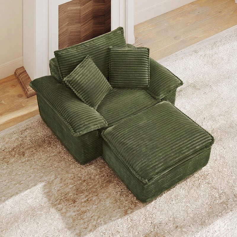 Rossetta Modern Modular Luxurious Corduroy-Fleece Fabric Double-Layer Cushion Design Deep Seat Sofa with 1 Ottoman - Green