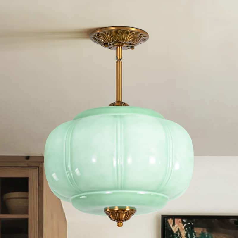 1-Light Retro Antique Brass Pumpkin Shaped Flush Mount Ceiling Light/Pendant Light with Milk/Green Glass for Kitchen,Dining Room - Green/Gold