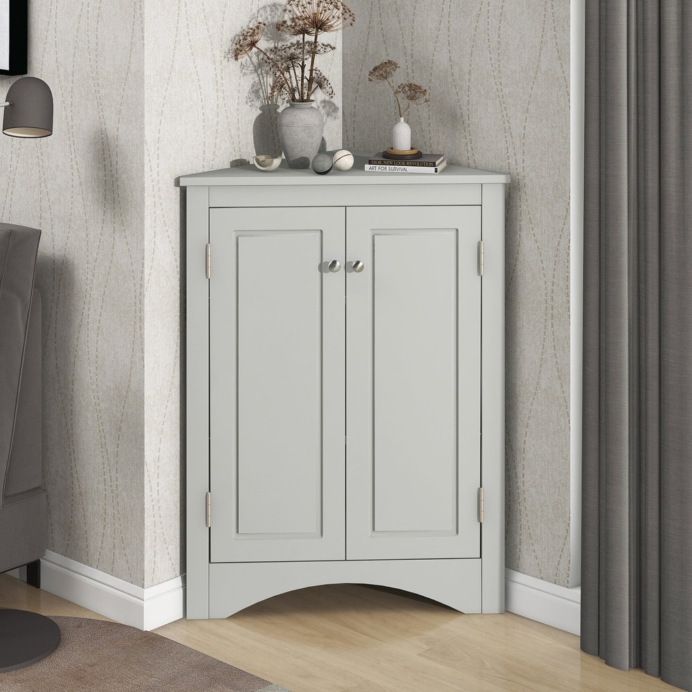 32" Wood 2-door Bathroom Corner Cabinet with Adjustable Shelves