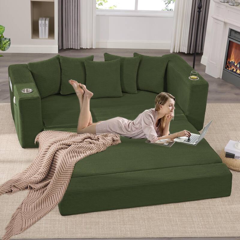 2-in-1 Convertible Sleeper Sofa, Floor Folding Couch, Sofa Bed with Side Pocket, Pull Out Loveseat with Cup Holders - Green