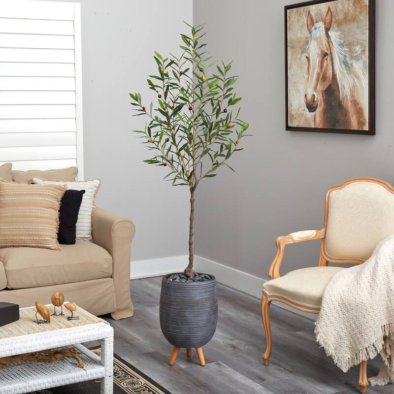 Artificial Olive Tree 70 Inch Indoor Outdoor Faux Tree with Planter Stand - Green - 61 Inches and Over