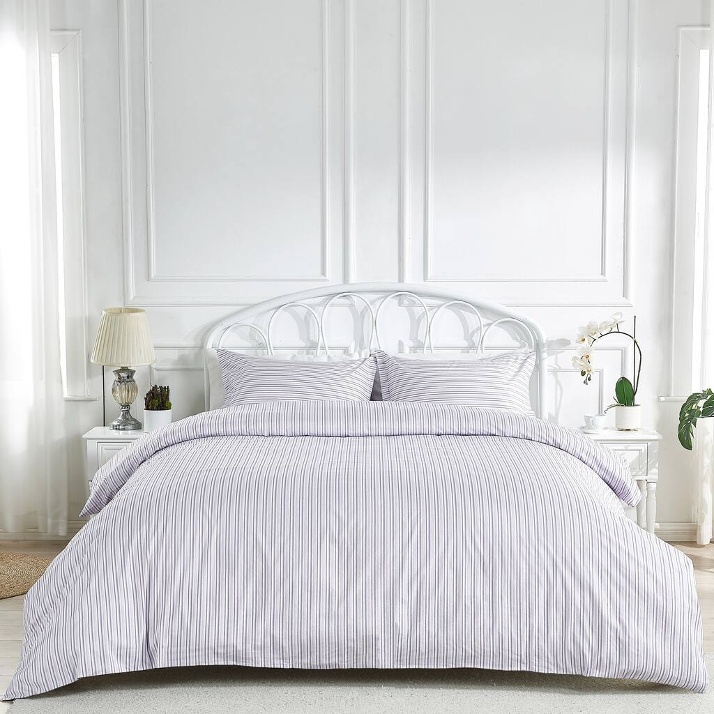 Percale Cotton Shirt Stripe Purple Duvet Set
