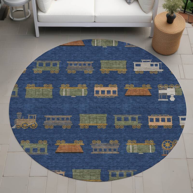 Machine Washable Indoor/ Outdoor Modern Train Chantille Rug - Navy - 8' x 8'