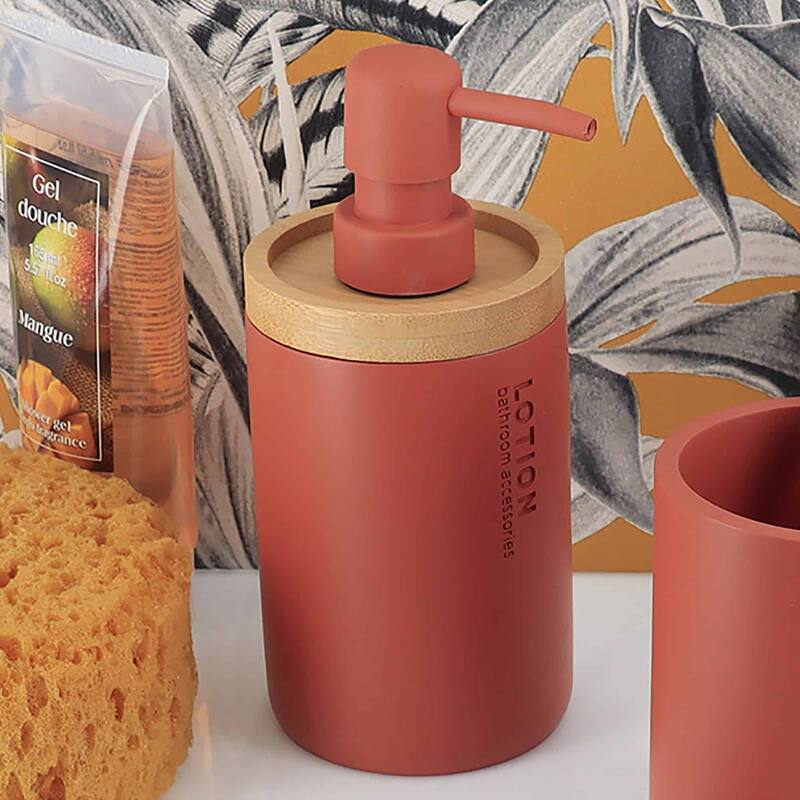 Elegant Soap Dispenser - Polyresin and Bamboo Design, Refillable Liquid Pump - 3 L x 3 W X 7 h - Terracotta
