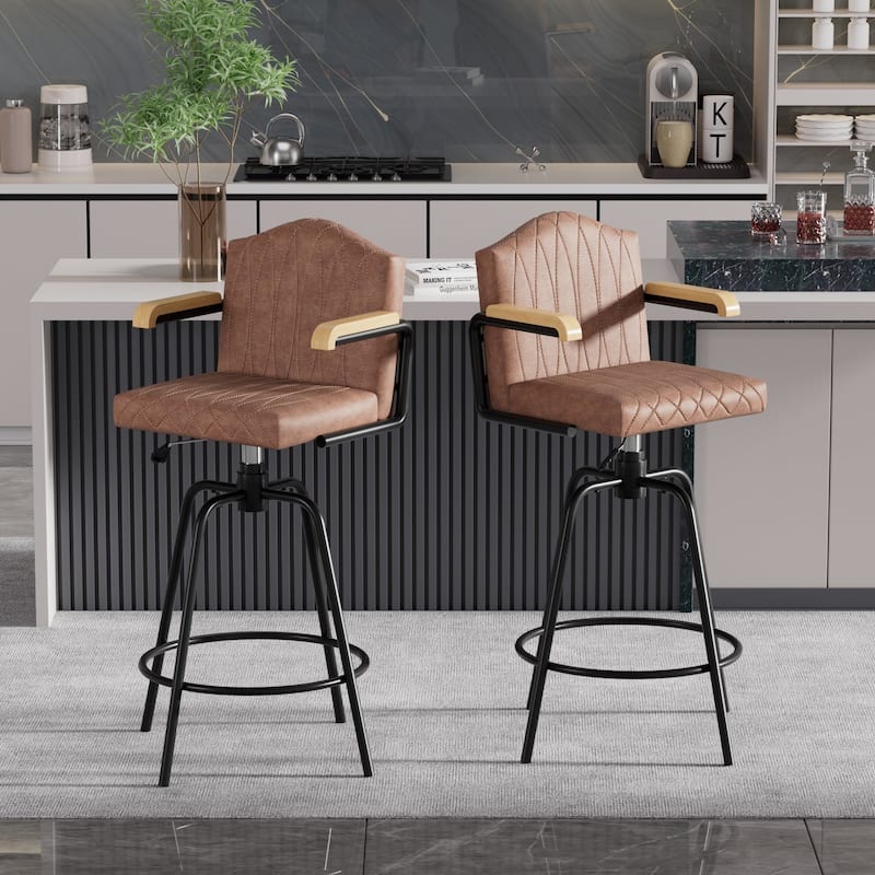 VECELO Set of 2/4 Brown PU Leather Swivel Bar Stools Comfortable Swivel Bar Stools with Footrest Fixed Height Tufted Bar Stools