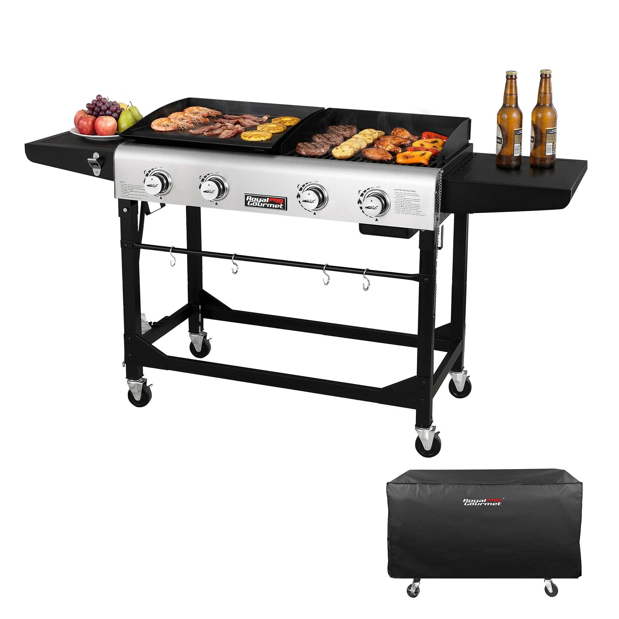 Royal Gourmet GD401C 4-Burner Portable Grill and Griddle Combo with Cover, 48,000 BTU, for Outdoor Cooking