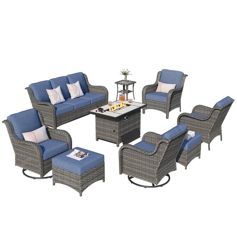 OVIOS 9-piece Patio Wicker Swivel Rocking Chair Set With Fire Pit