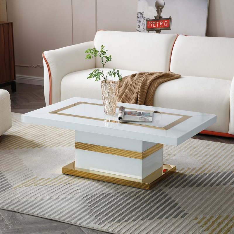 Decor 47.2 in. White and Gold Rectangle Glass Top Coffee Table
