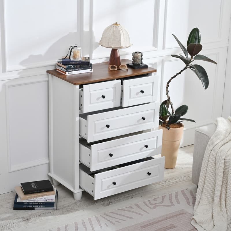 White Dresser with 5 Tall Chest of Drawers with Deep Space, Wood Storage Cabinet