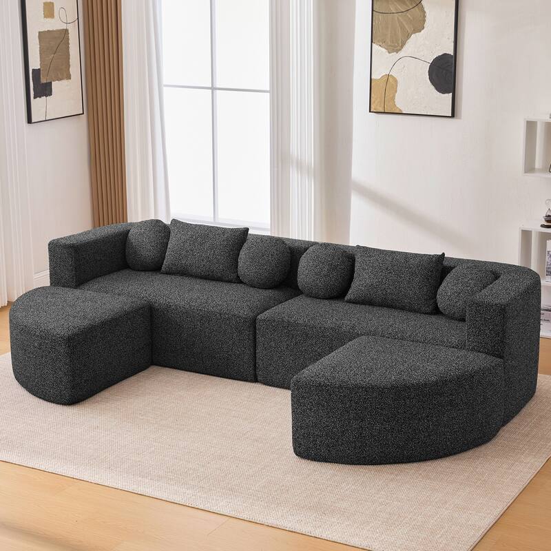 U-Shape Modular Sectional Sofa, Boucle Upholstered Boneless Couch, Compression Sofa with 4 Throw Pillows & 2 Cushions