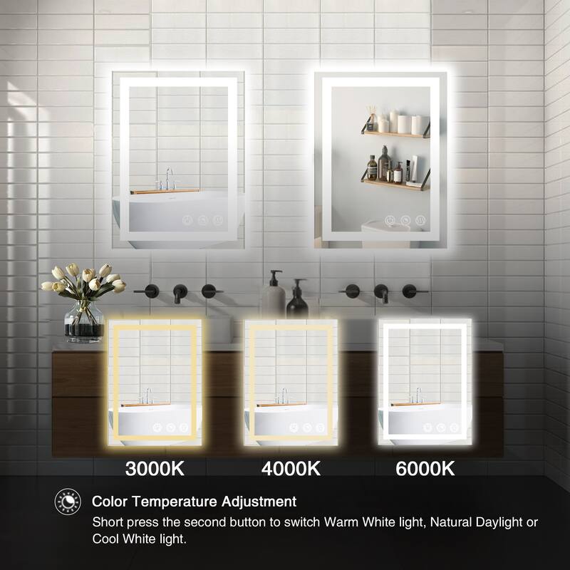 FTL Large LED Bathroom Vanity Mirror Wall Mounted Dimmable Anti-fog,Frameless,3-Color - 32×24in