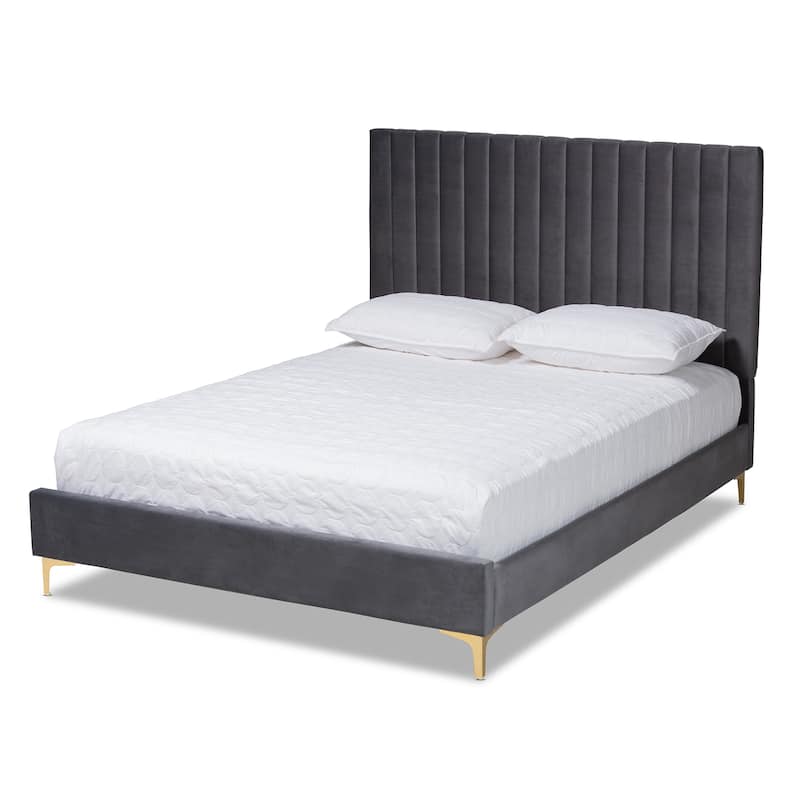 Serrano Contemporary Glam and Luxe Velvet Fabric Upholstered and Gold Metal Platform Bed - Grey, Gold - Full