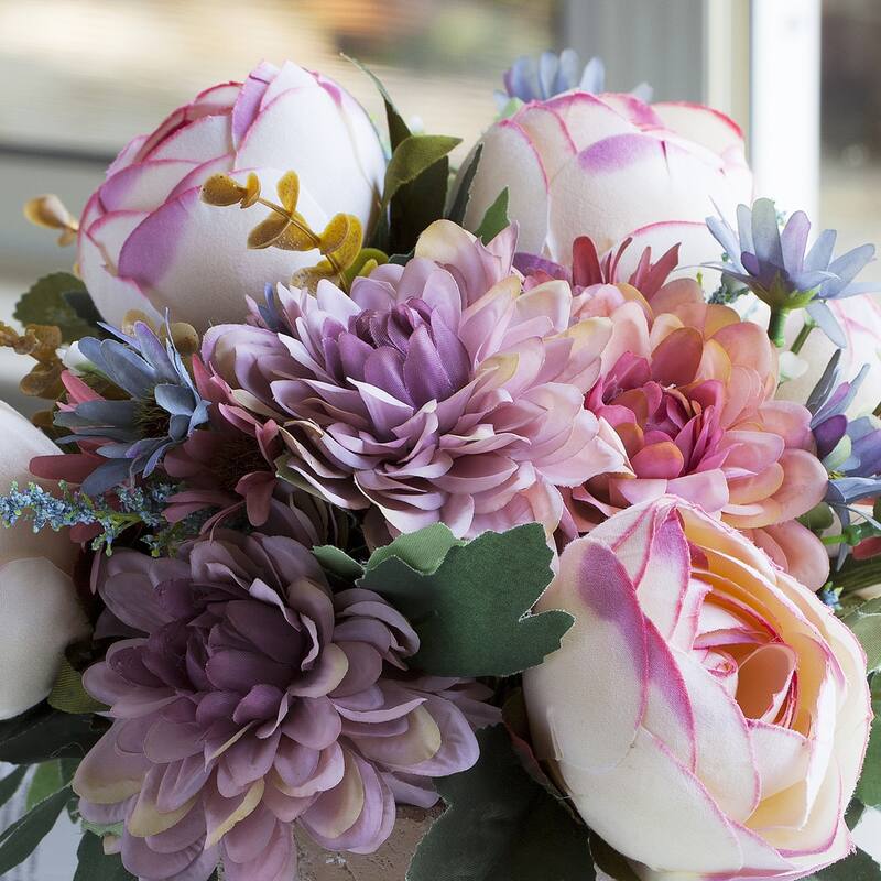 Enova Home Mixed Artificial Silk Daisy and Peony Fake Flowers Arrangement in Pot for Home Garden Wedding Decoration
