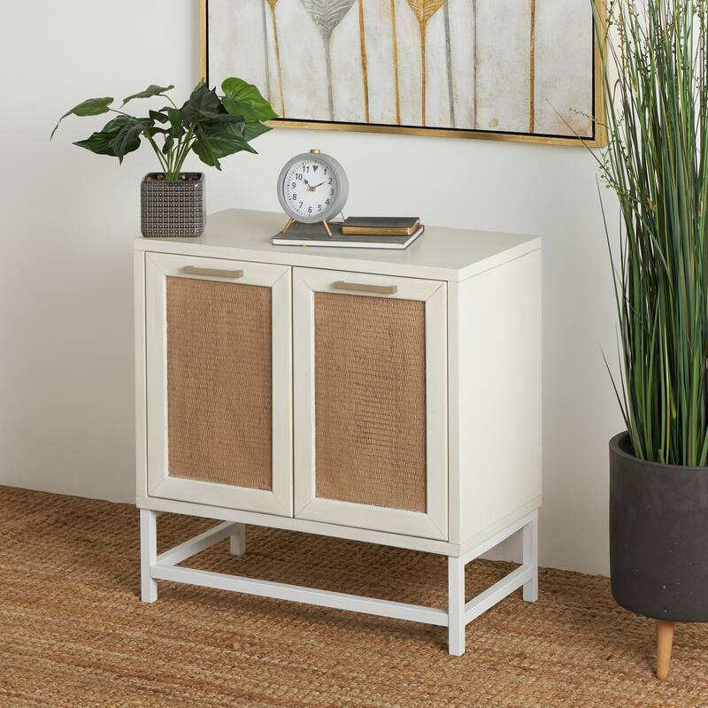 Wooden 2 Door Cabinet with Brown Woven Rattan Doors and Metal Base - White - Roche River Decor - 16"W x 30"L x 31"H