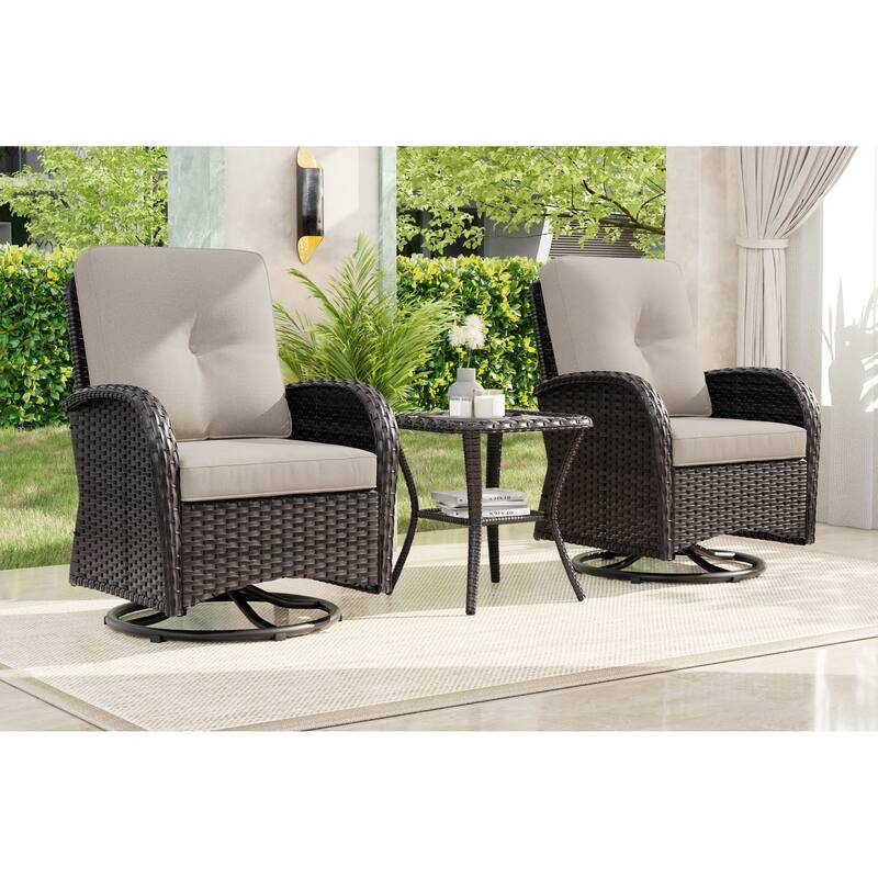 Cozywor 3-Piece Wicker Patio Swivel Outdoor Rocking Chair Conversation Set
