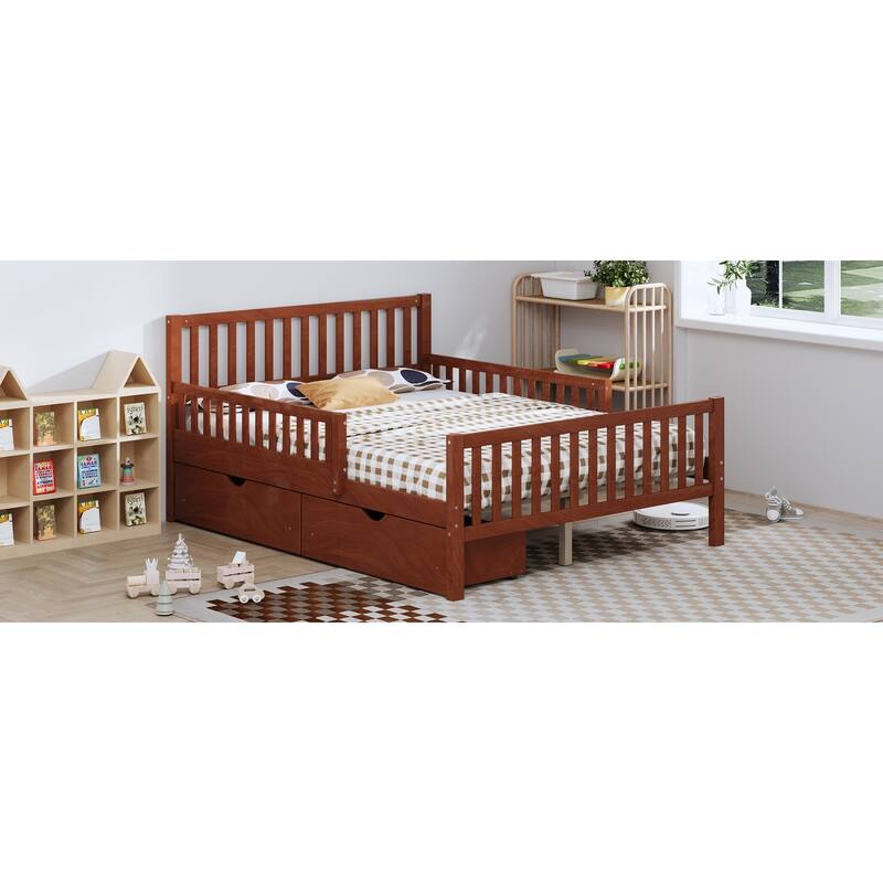 Full Size Wood Platform Bed with Guardrails on Both Sides and Two Storage Drawers, Walnut