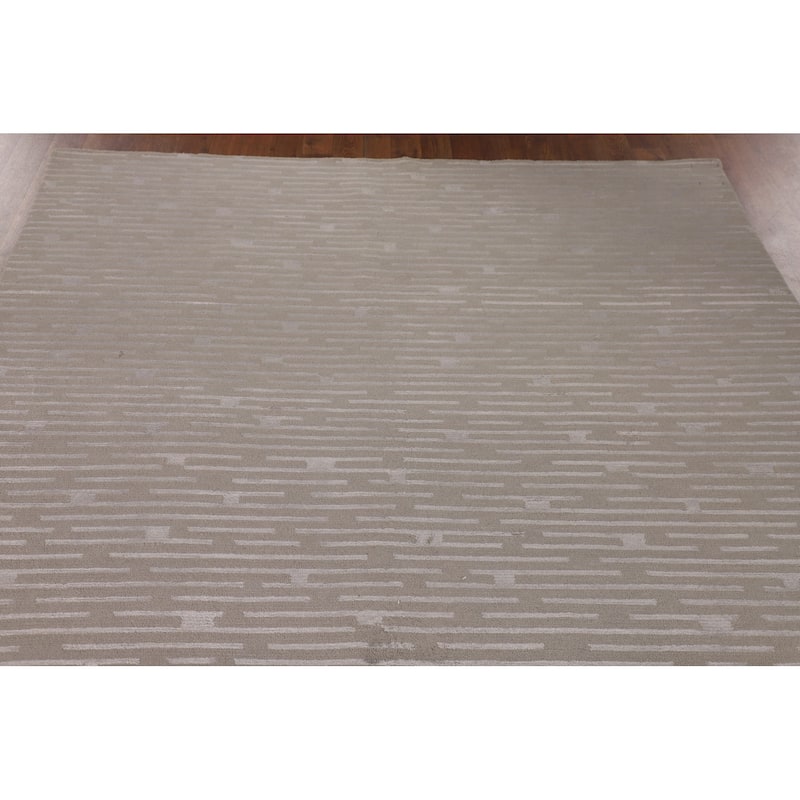 Beige Striped Nepalese Oriental Area Rug Hand-Knotted Wool Carpet - 5'10" x 8'8"