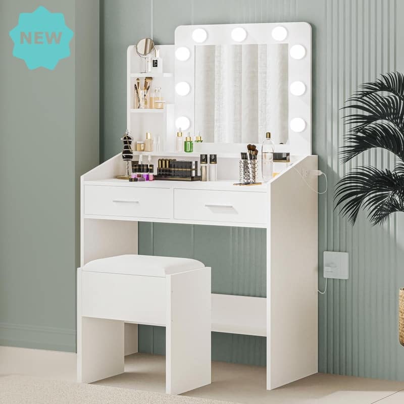 Makeup Vanity Desk with Mirror and Stool, Charging Station, 2 Drawers, 3 Shelves - White