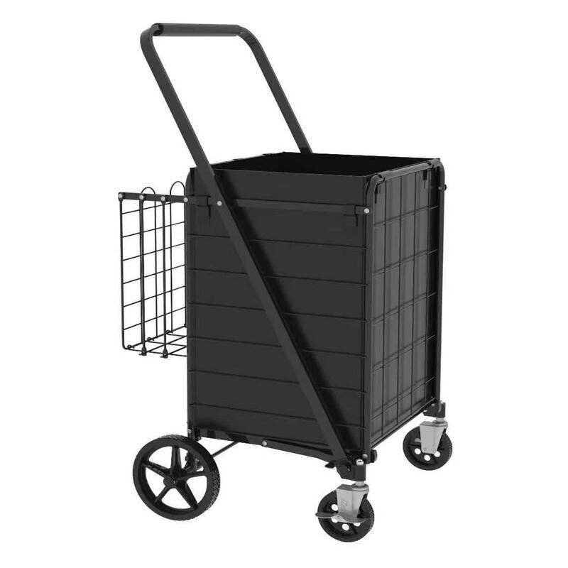 Foldable Grocery Shopping Cart w/ Brake & Double Basket and 360 Rolling Swivel Wheels