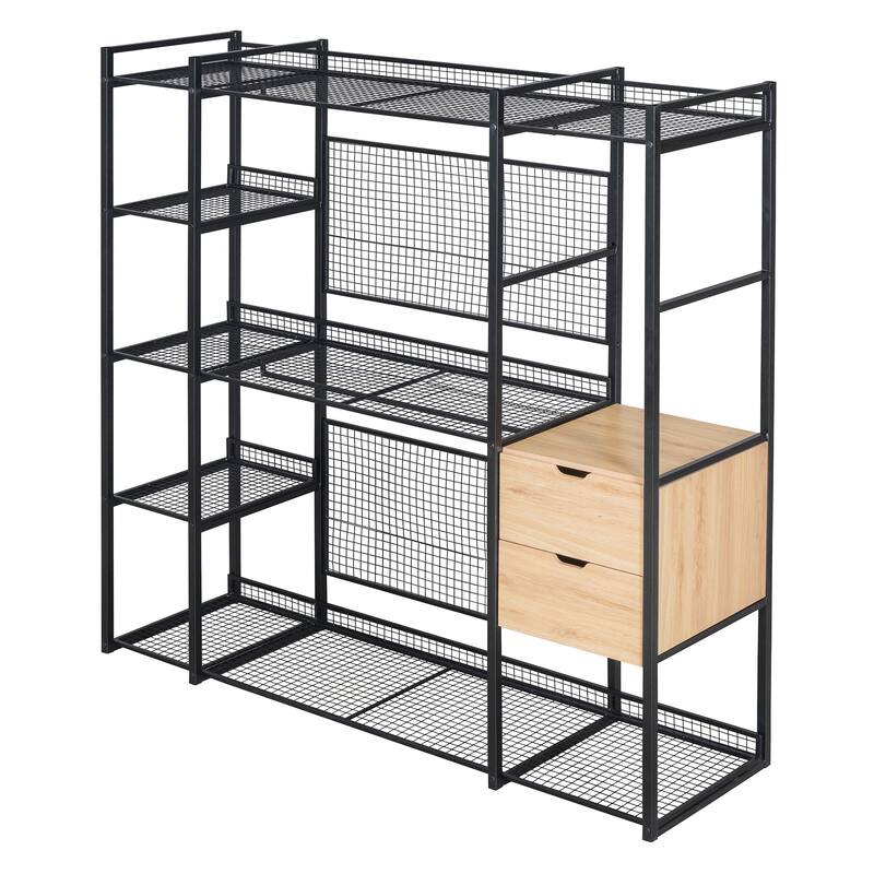 Open-Style Wardrobe with Hanging Rails, Shelves and Drawers - N/A