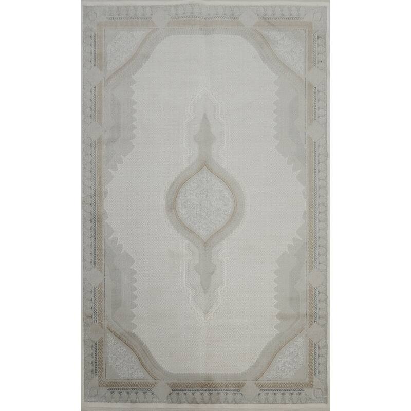 Machine Made Oriental Polyester Carpet Traditional Medallion Beige & Ivories Tabriz Area Rug - 7' 5'' X 5' 2''