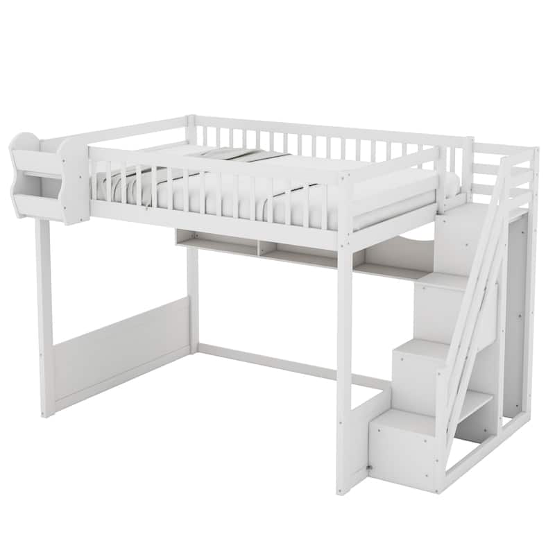 Queen Wooden Loft Bed with Storage Staircase Wardrobe, 2 Side Shelves, 3 Storage Shelves and Versatile Under-Bed Space