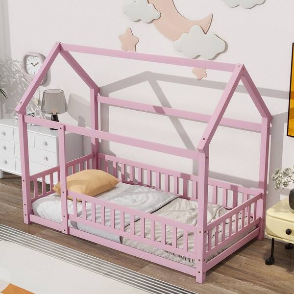 slide 2 of 9, Pink Twin Size Wooden Floor Bed with House Roof & Guardrails Twin - Pink