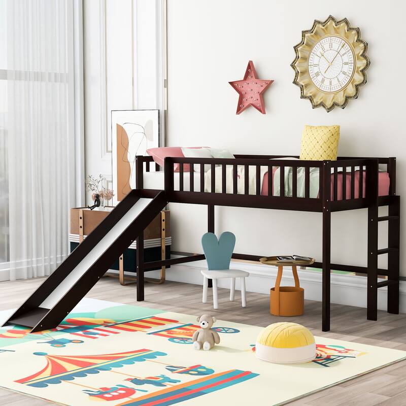 Low Loft Bed with Ladder and Slide, Solid Wood Loft Bed Frame with Full-Length Guardrail for Boys or Girls, No Box Spring Needed