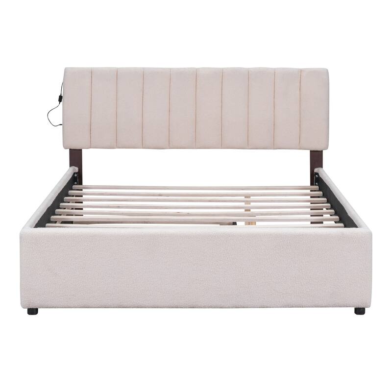 Full/Queen/Twin Teddy Fleece Upholstered Platform Bed with Trundle, LED Lighting, and Storage, Durable Frame, Beige/Grey