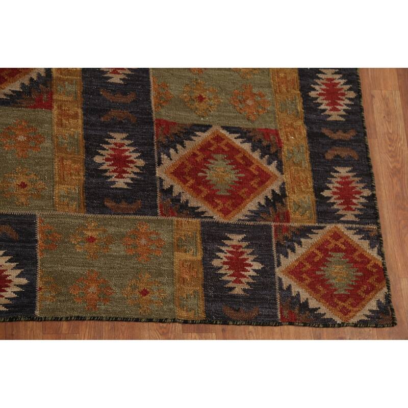 All-Over Geometric Kilim Indian Area Rug Hand-Woven Wool Carpet - 7'8"x 9'10"